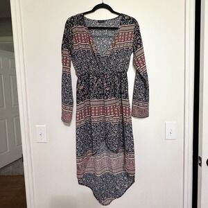 Love Culture Asymmetric‎ Wrap Dress Medium Blue Red Elastic Waist V-Neck Floral